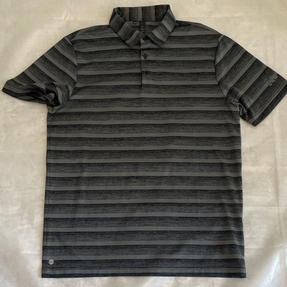 Adidas Mens Black and Grey Striped Polo Short Sleeve Shirt Medium